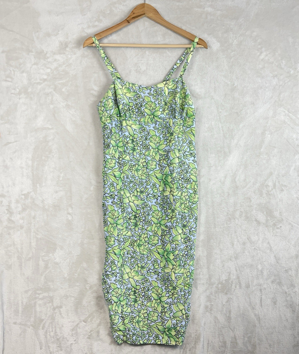 Tibi Hyland Silk Floral Midi Dress Size 12 Green Botanicals Y2K Resortwear
